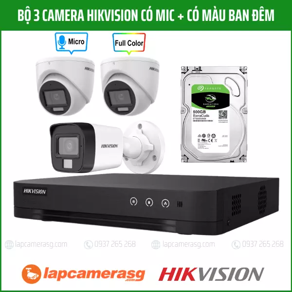 Bộ 3 camera Hikvision có mic + có màu ban đêm
