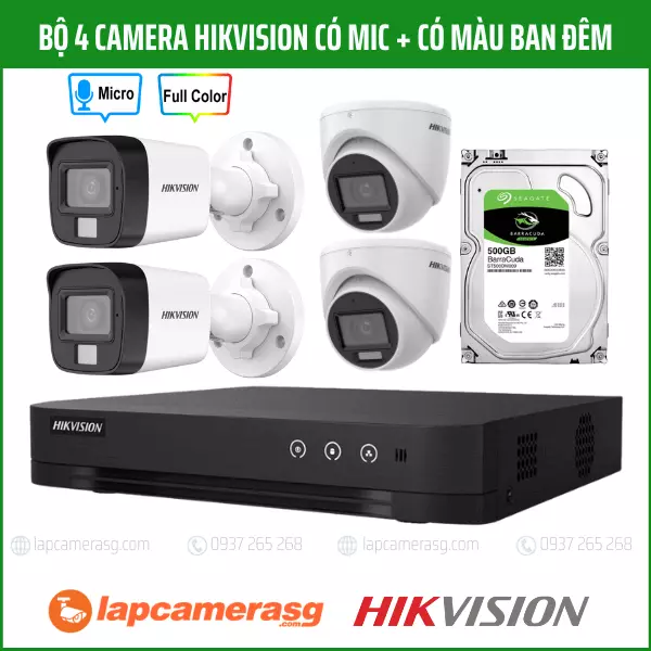 Bộ 4 camera Hikvision có mic + có màu ban đêm