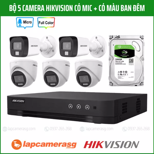 Bộ 5 camera Hikvision có mic + có màu ban đêm