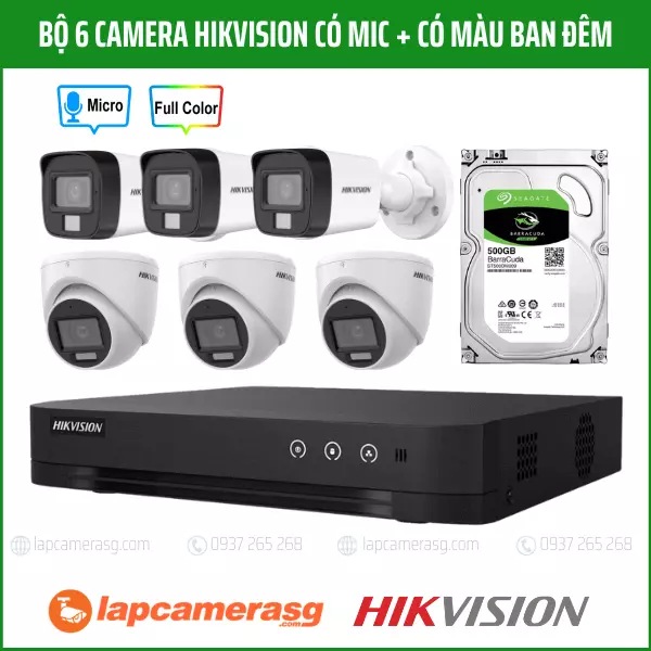 Bộ 6 camera Hikvision có mic + có màu ban đêm