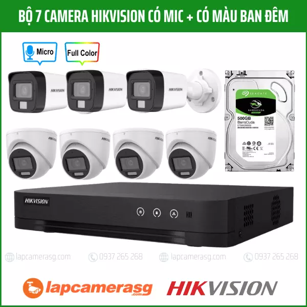 Bộ 7 camera Hikvision có mic + có màu ban đêm