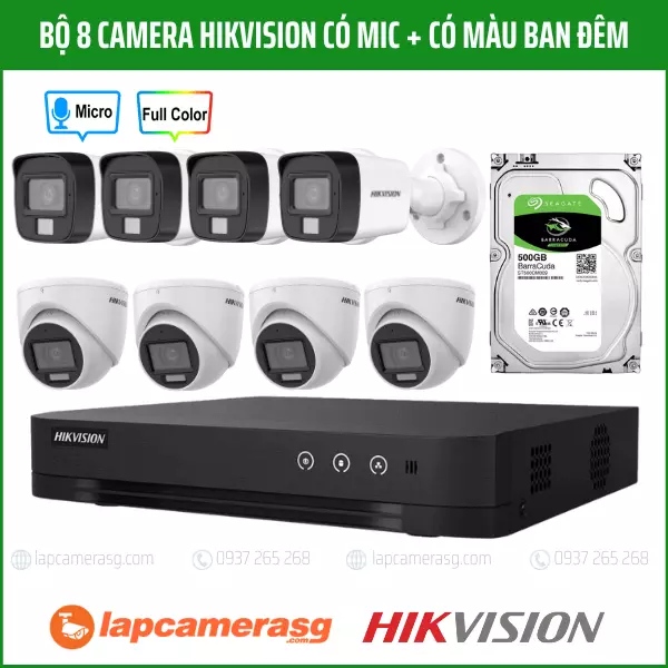 Bộ 8 camera Hikvision có mic + có màu ban đêm