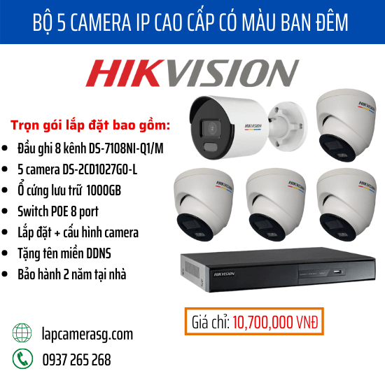 Lắp Trọn bộ 5 camera ip Hikvision có màu 24/7